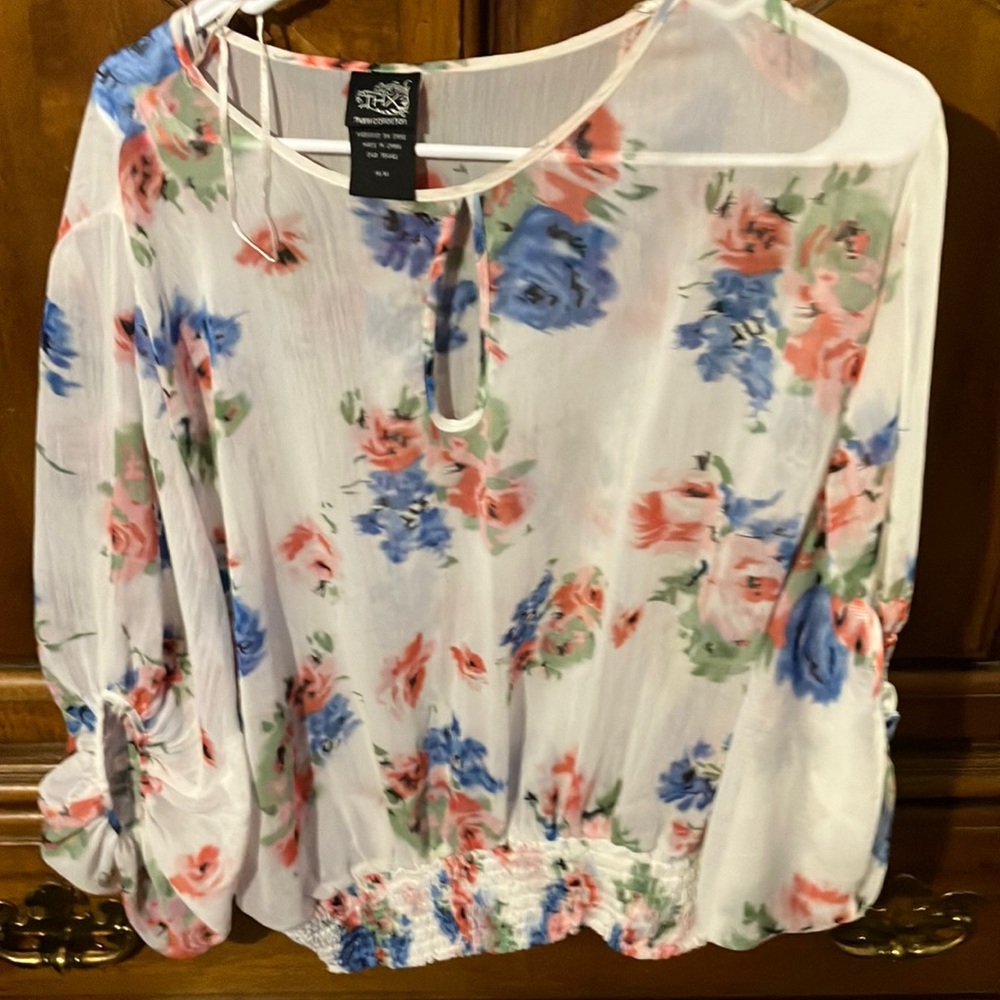 Sheer Floral Blouse - White with Blue and Pink Accents